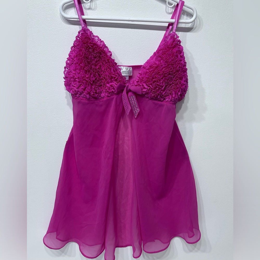 La SENZA women Open Front Lingerie Mesh Hot‎ Pink Y2K Size M with rhinestone bow